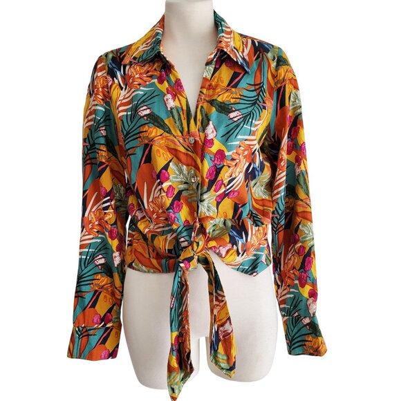 Panama Jack Tropical Print Linen Blend Long Sleeve Tie Front Button Down Shirt M - Picture 1 of 14